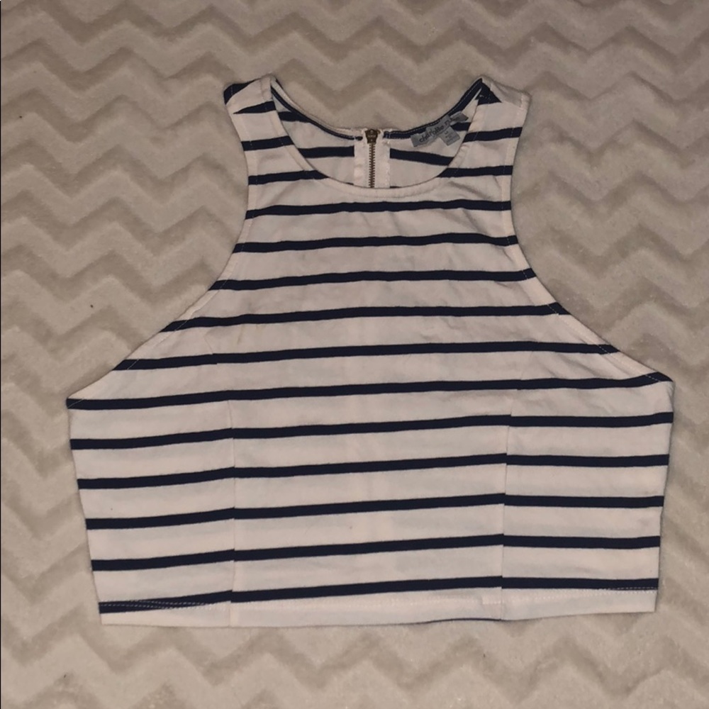 Blue stripped, zipped up back, cropped tank top